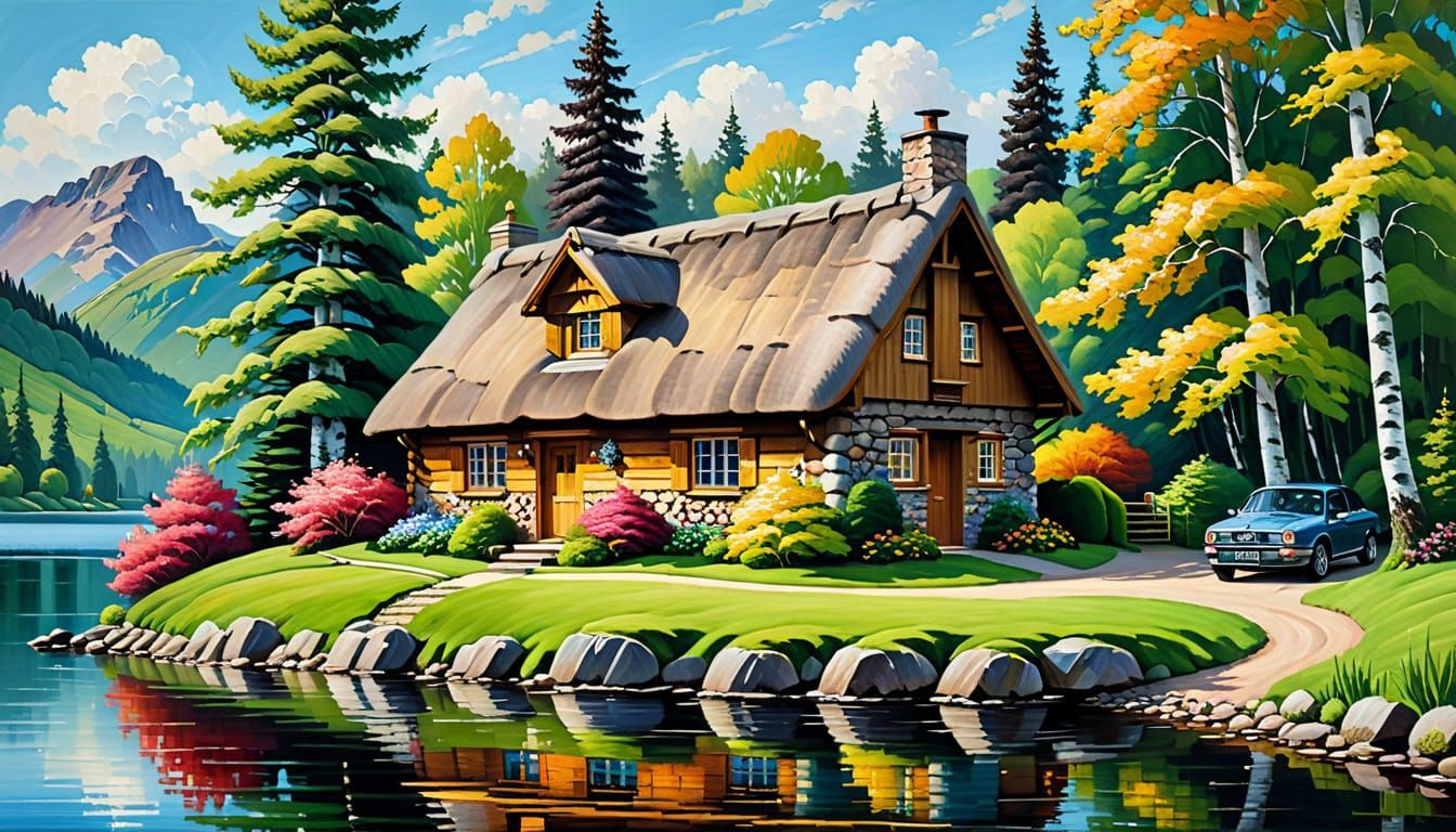 Cozy Cottage by Lake in Impasto Acrylic Painting