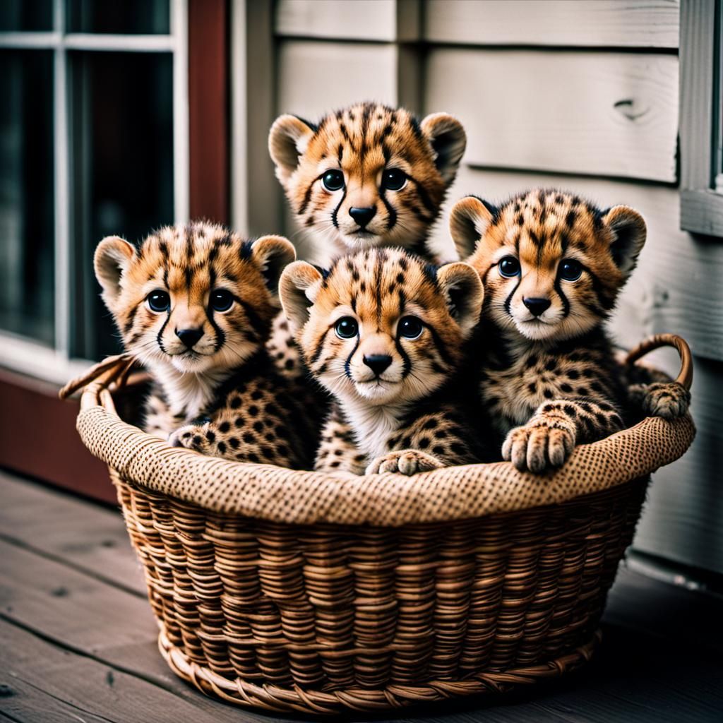 Cute Kawaii Cheetah Cubs in Hawthorne Basket