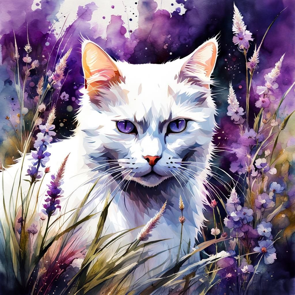 Watercolor Cat in Summer Grass and Flowers