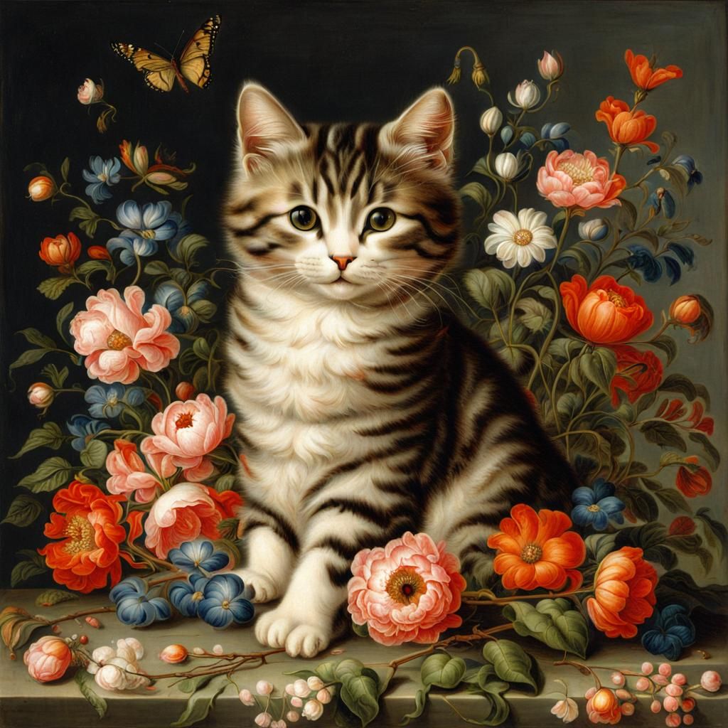 Cute Cat with Flowers in Renaissance Style