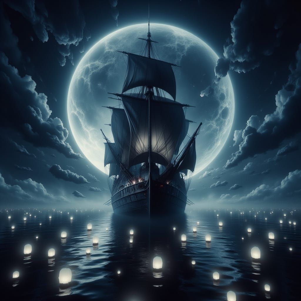 Black Ship Surrounded by Lanterns in Dreamy Illustration