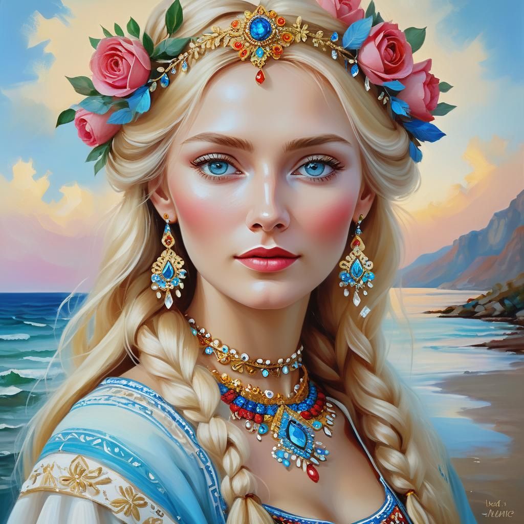 Russian Woman in Traditional Dress: Vivid Oil Painting