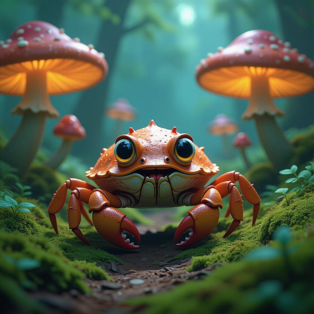 Whimsical Crab in Enchanted Forest with Glowing Mushrooms