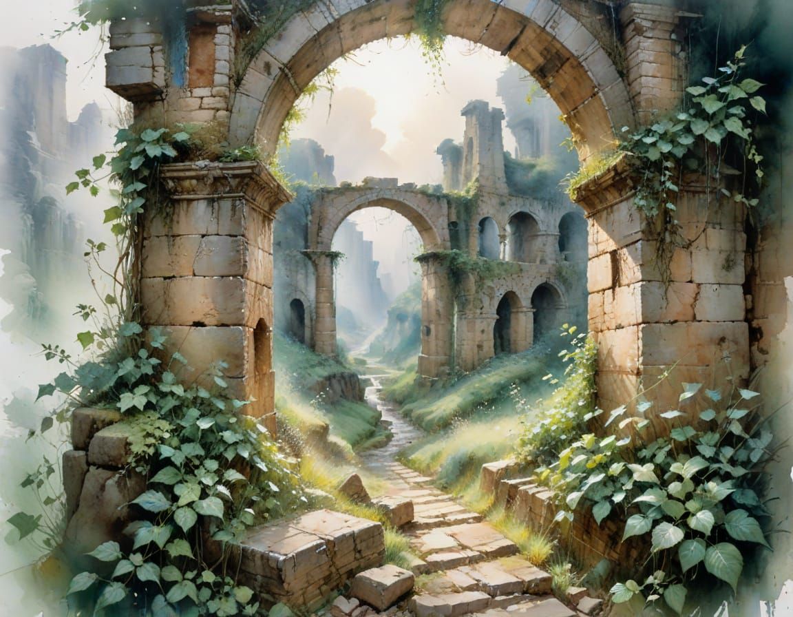 Ruined Roman Aqueduct in Verdant Valley: Watercolour