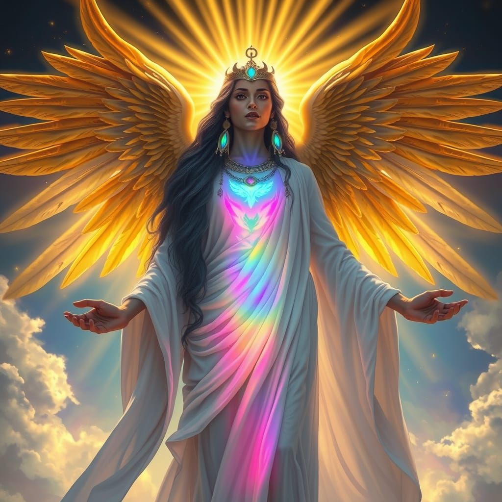 Radiant Isis Goddess Emitting Rainbow Energy and Golden Ligh...