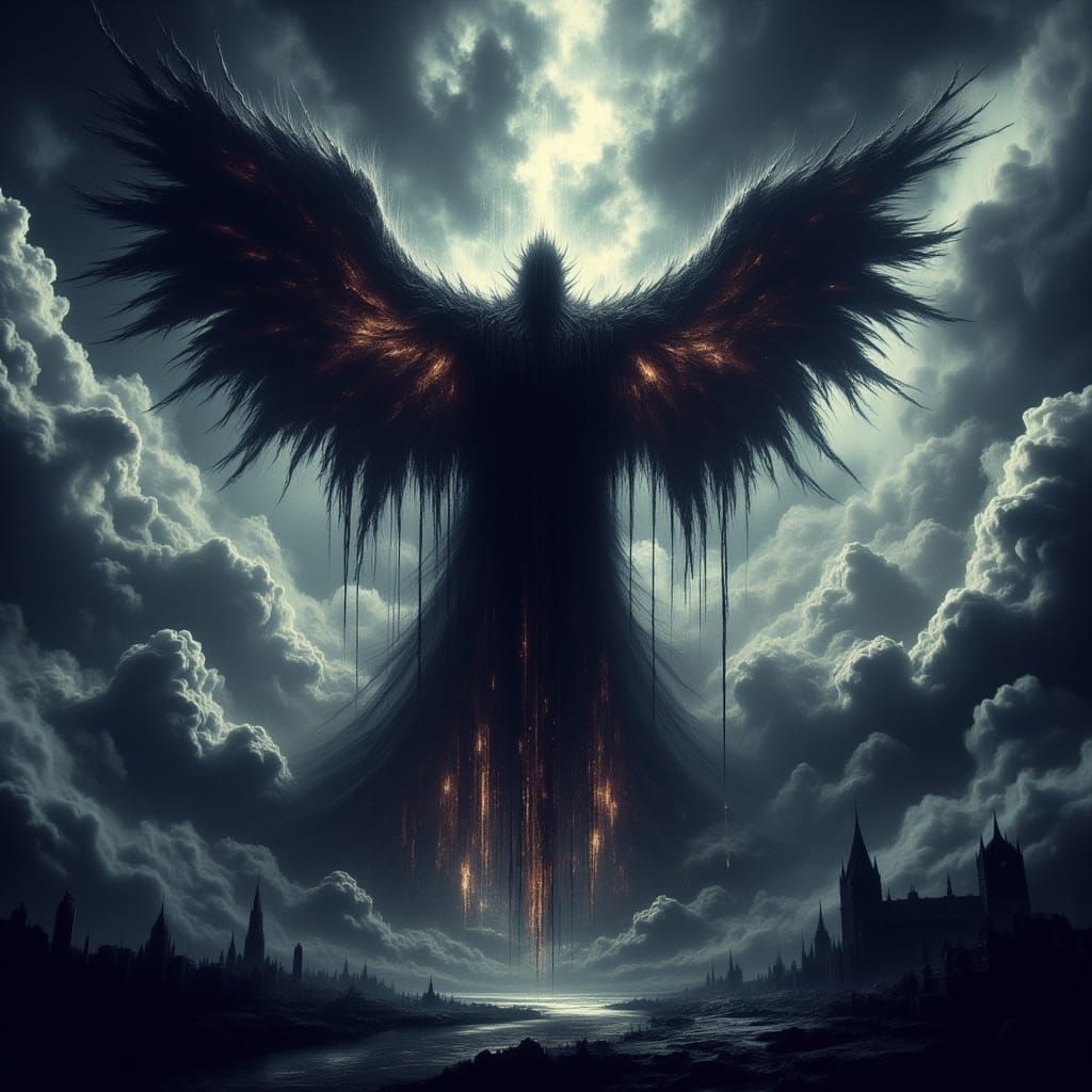 Giant Shadow Figure Soars Across Turbulent Sky in Dark Fanta...