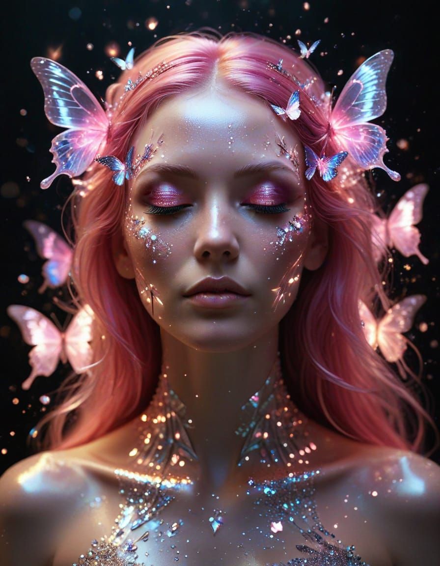 Crystal Goddess with Pink Hair and Shimmering Butterflies