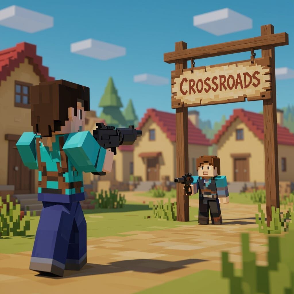 Roblox Character with Gun in Rustic Village