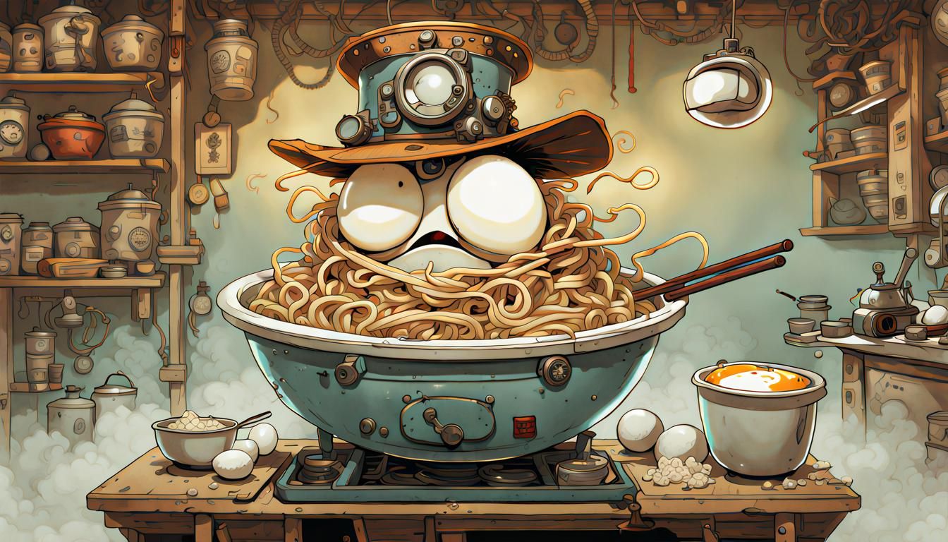 Steaming Ramen Noodles in Steampunk Illustration