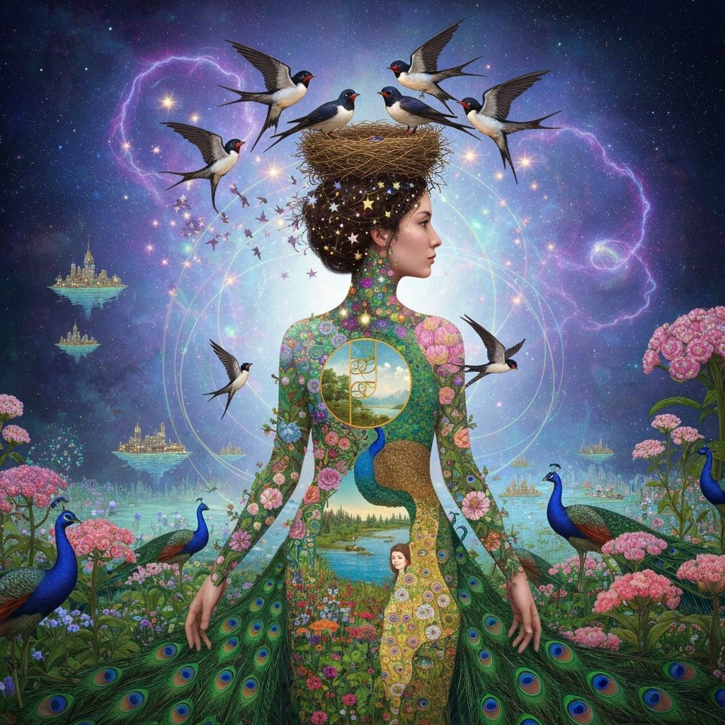 Ethereal Woman Transforms into Birds in Cosmic Garden
