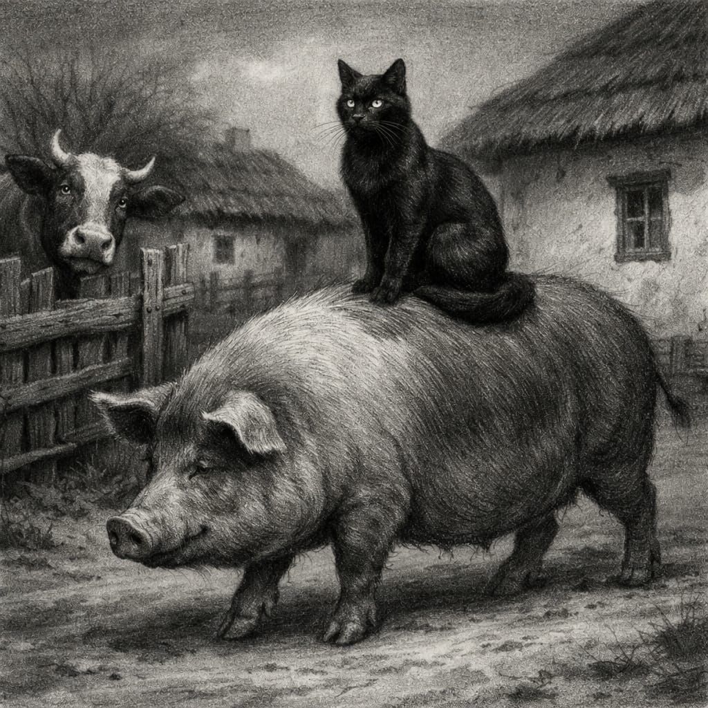 Pig and Cat in Ukrainian Village Drawing