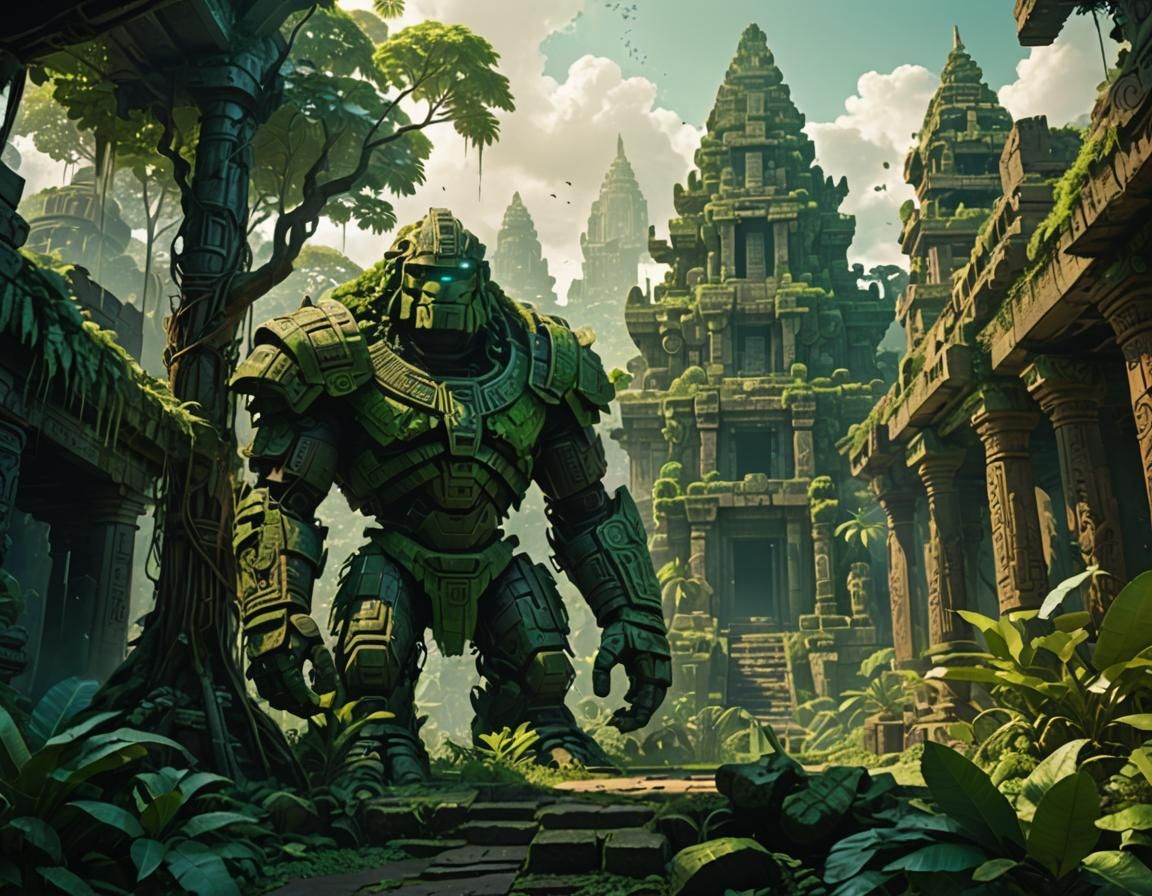 Ancient Guardian Golem in Jungle Temple, Fantasy Art