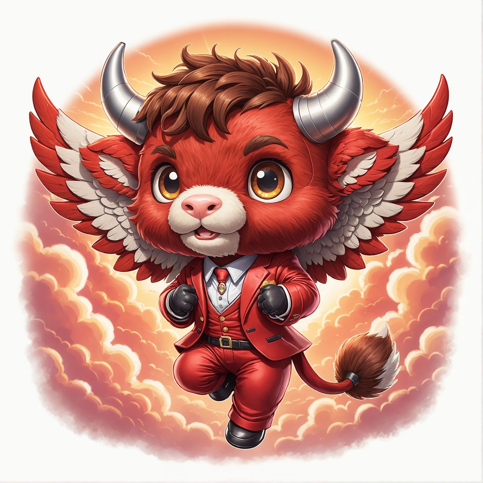 Winged Red Bull in Crimson Suit: Chibi Style