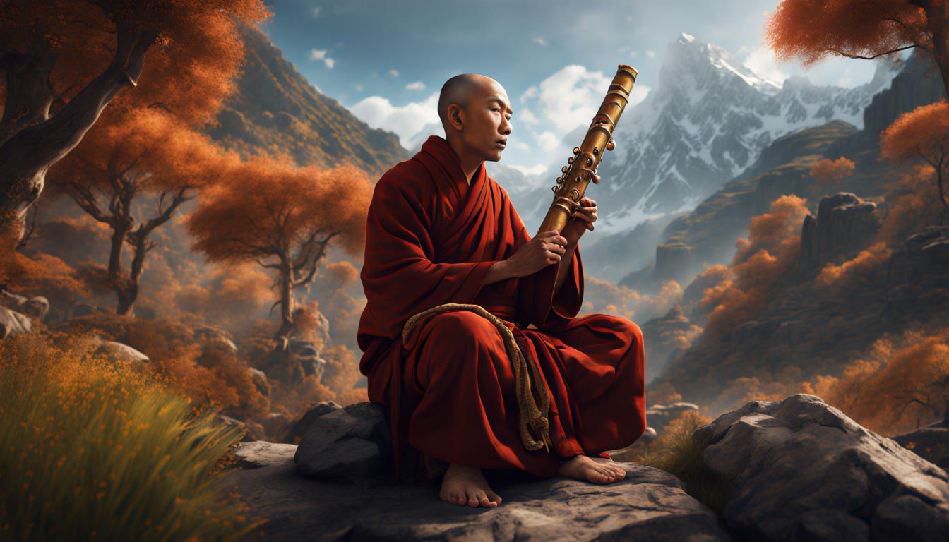 A Tibetan Monk playing a Tibetan Flute surrounded by beautiful nature.