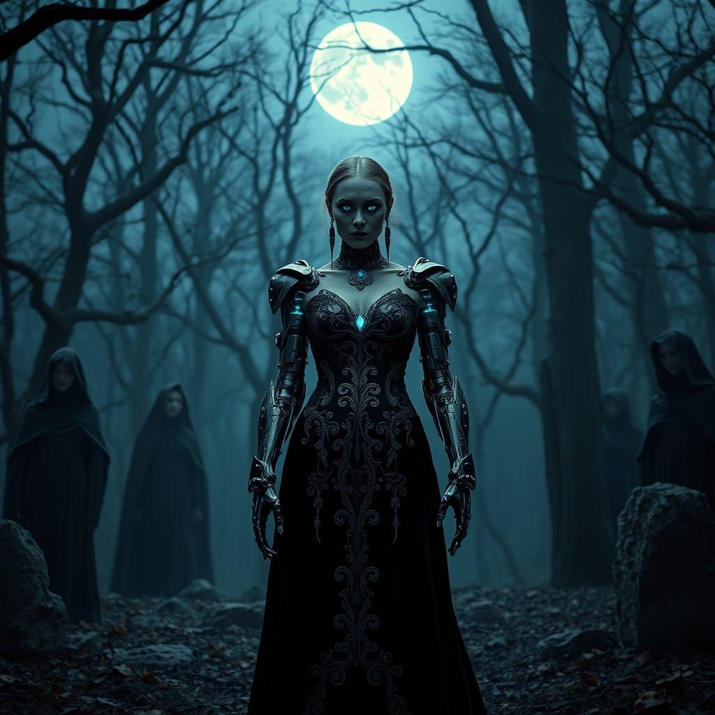Cyborg and Witches in Ethereal Forest, Cinematic Style