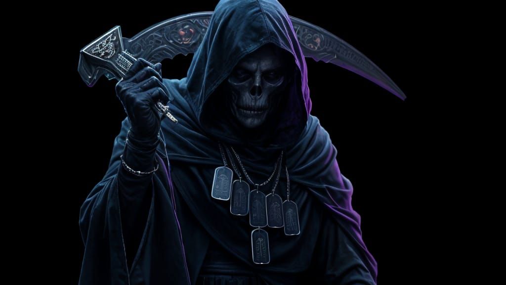 Grim Reaper Silhouette with Dog Tags in Dark Fantasy