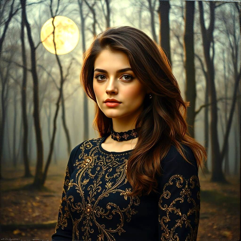 Beautiful Brunette in Moonlit Forest, Impasto Oil Painting