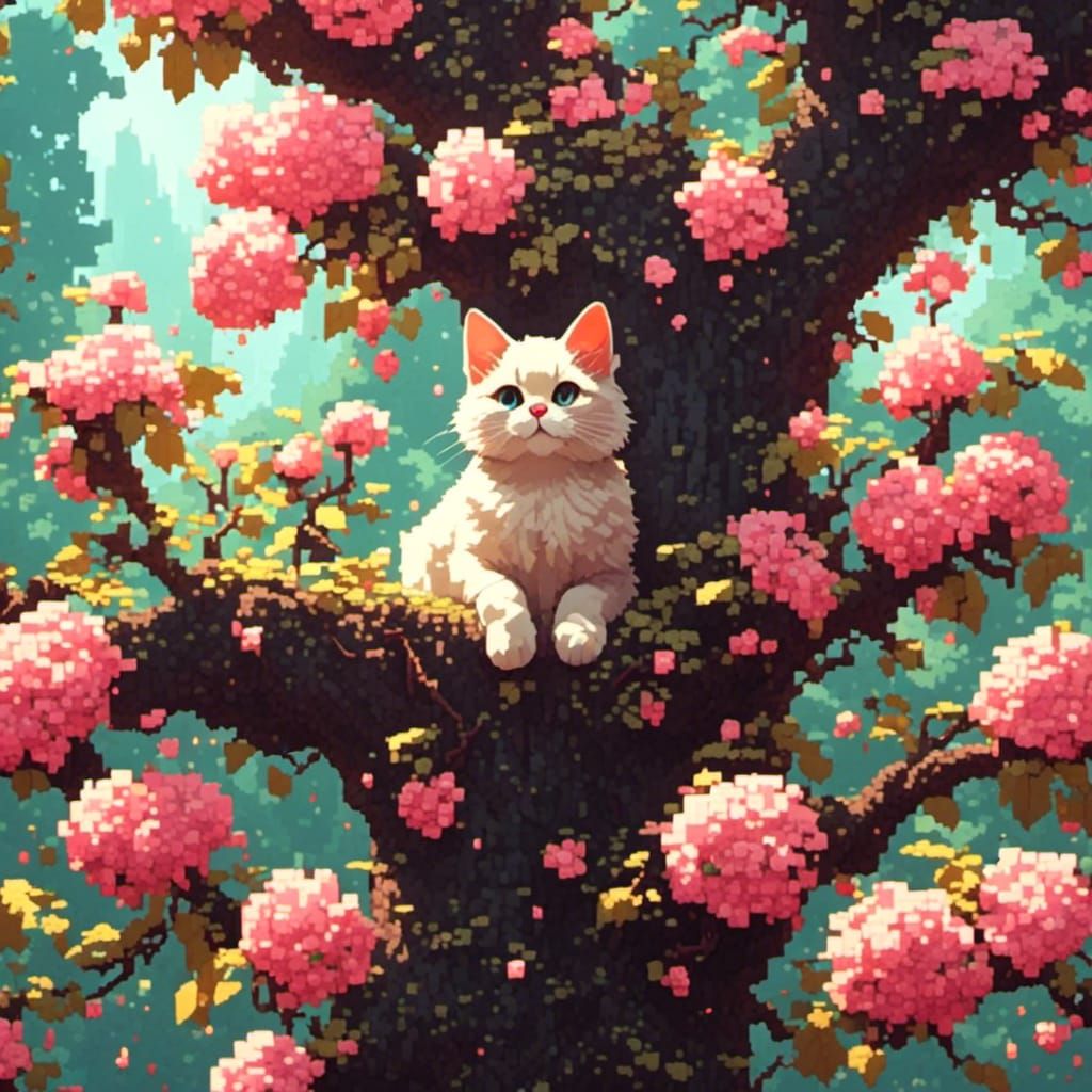 Cute Pixel Cat in Tree, Maximalist Art