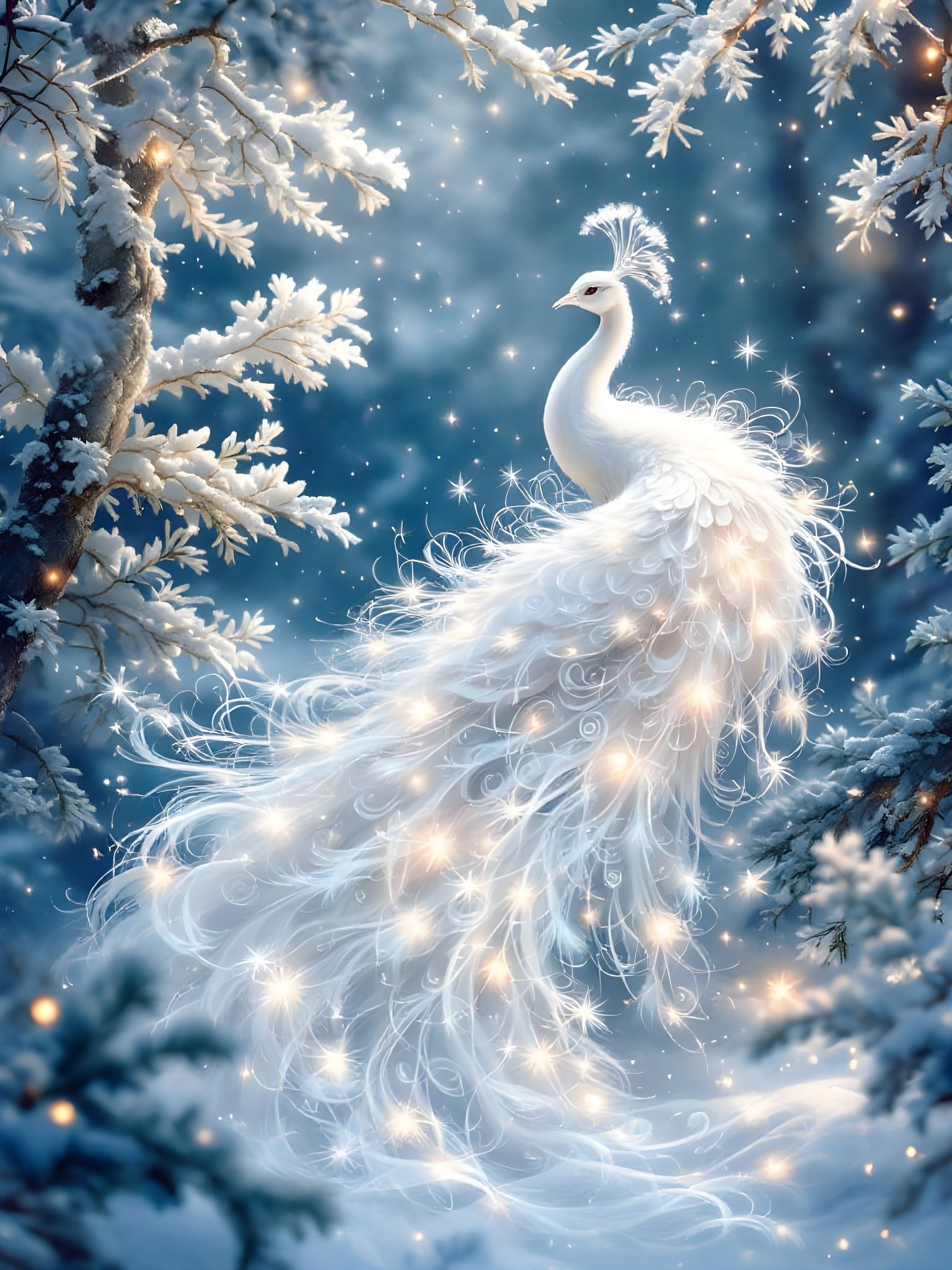 Ethereal White Peacock in Snowy Forest