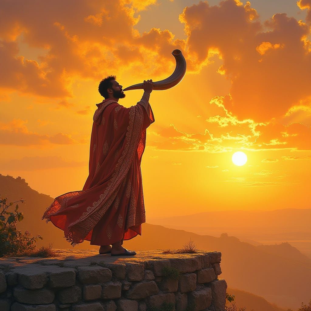 Watchman Blowing Shofar at Sunrise in Ornate Style