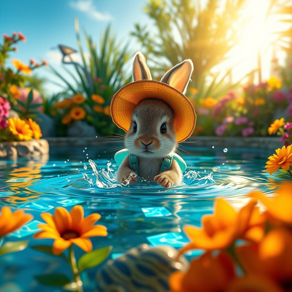 Baby Bunny Plays in Vibrant Pool Scene