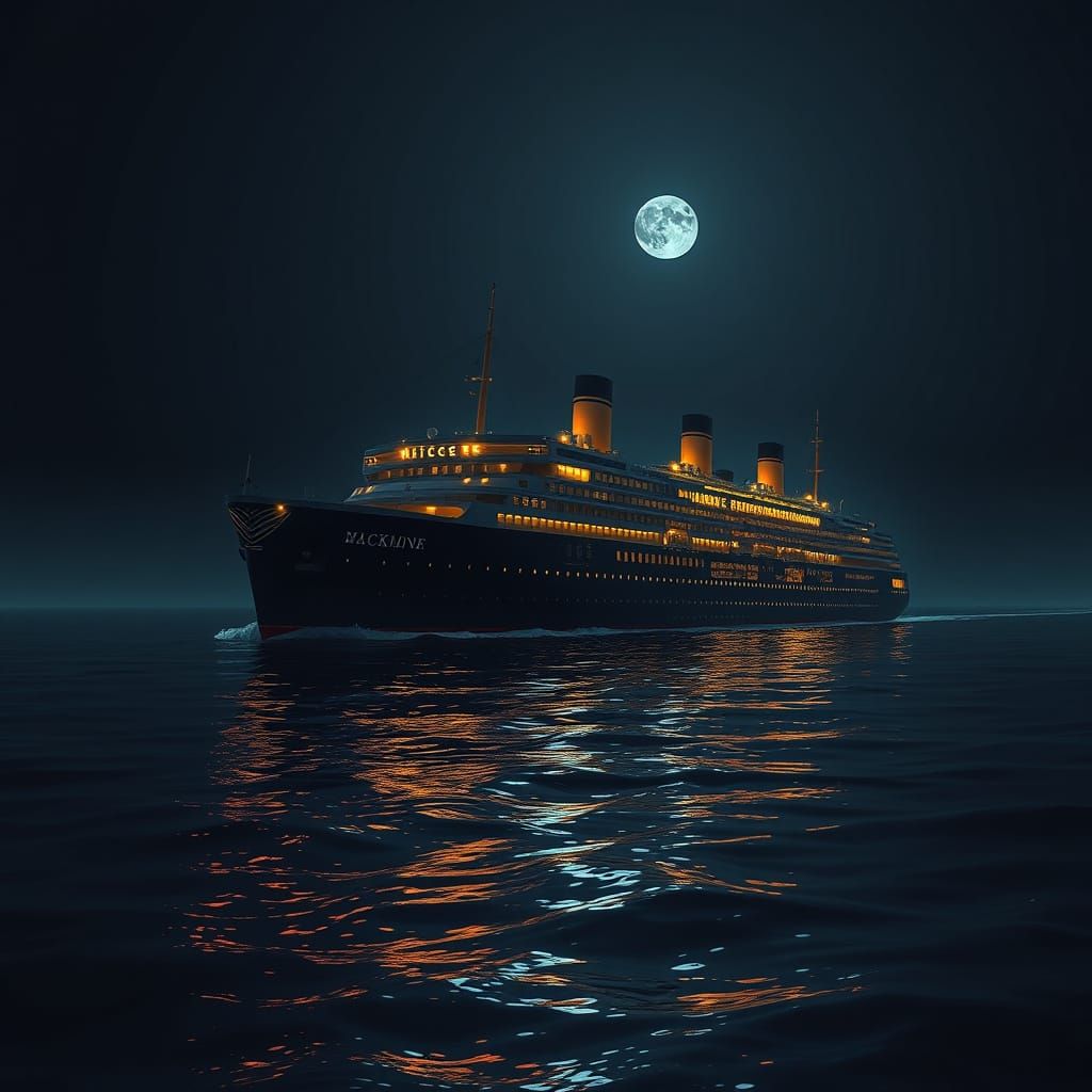 Ocean Liner Sailing on Calm Seas Under Starless Night Sky