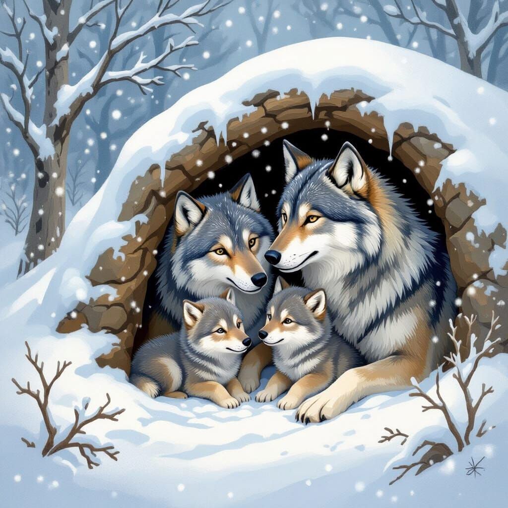 Heartwarming Wolf Family in Cozy Snowy Den