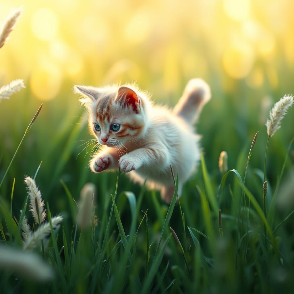 Whimsical Kitten Leaps Through Lush Green Meadow