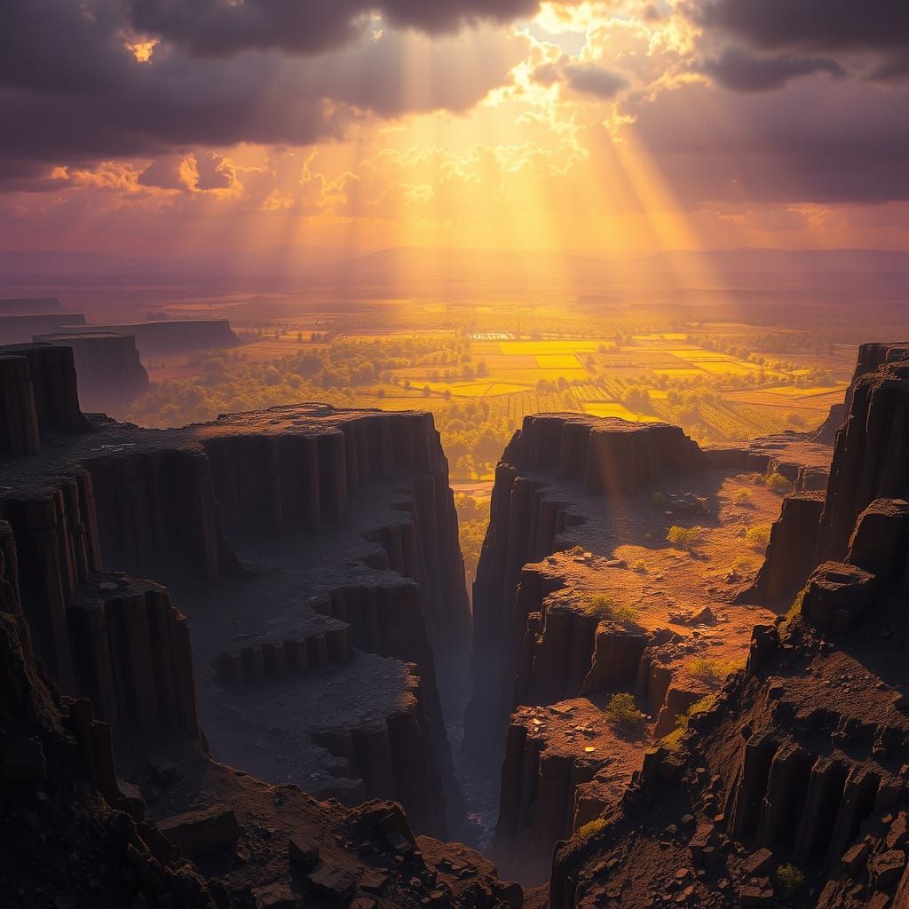 Dystopian Wasteland vs Idyllic Landscape in a Chasm-Riven Wo...