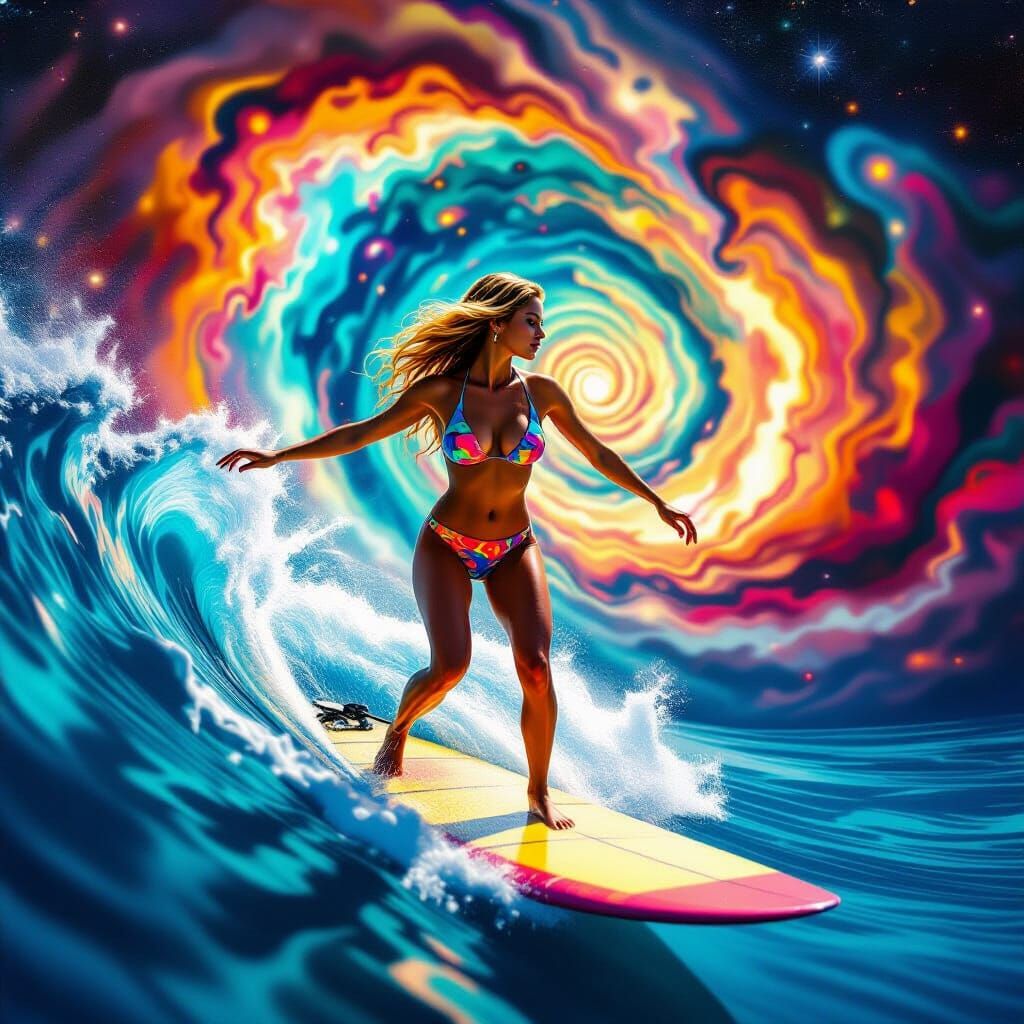 Surfer Riding Galactic Spiral in Psychedelic Cosmic Vortex
