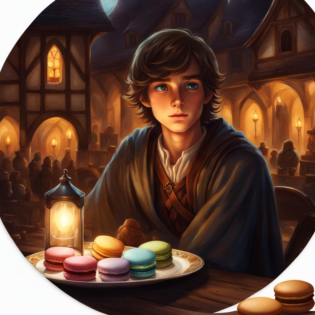 Boy in Medieval Village Gazing at Glowing Macaron