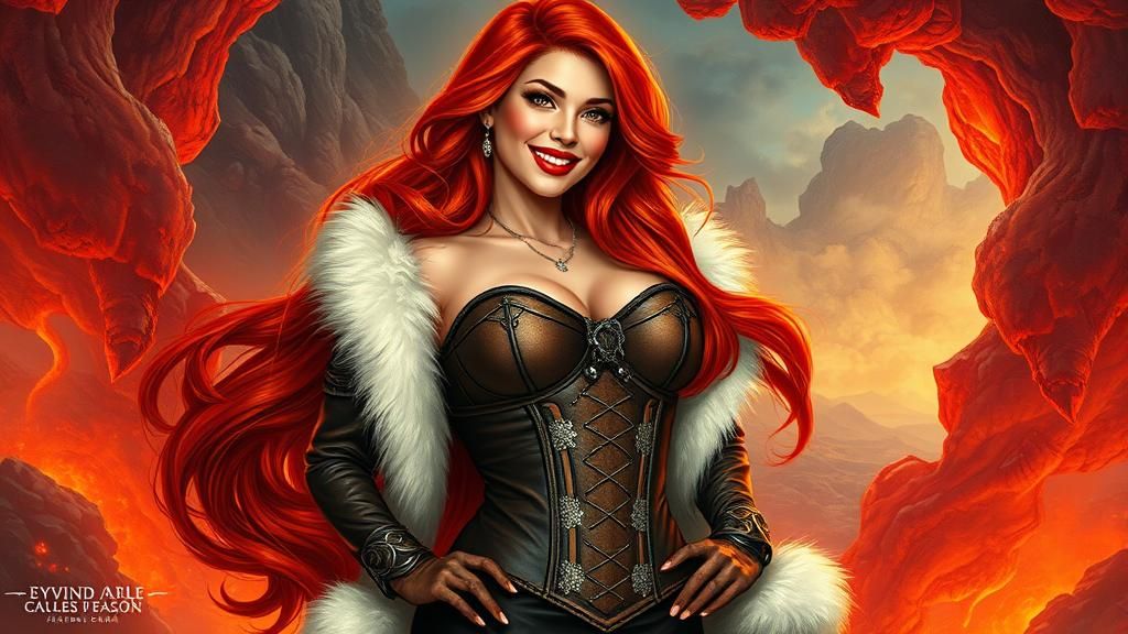 Voluptuous Woman with Glowing Red Hair in Surreal Style
