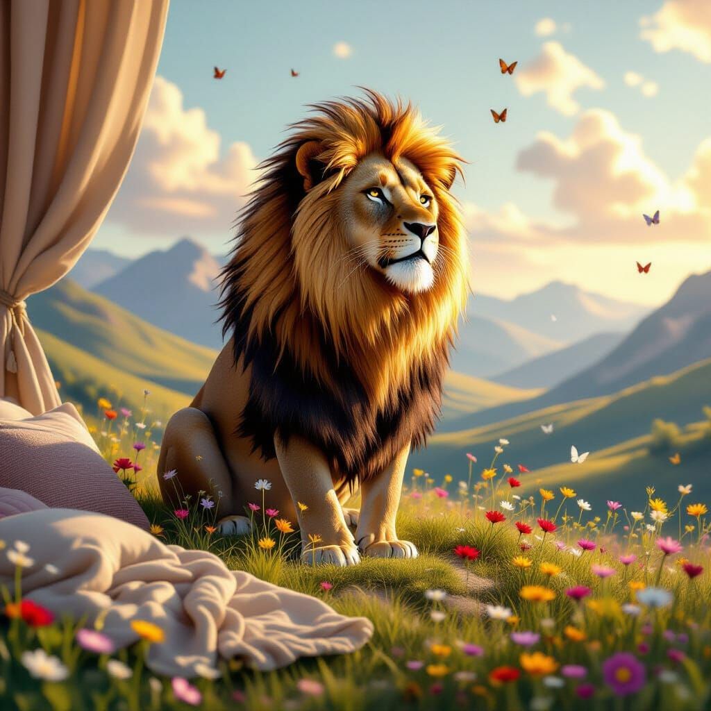 A majestic lion with a flowing mane of wildflowers, standing...