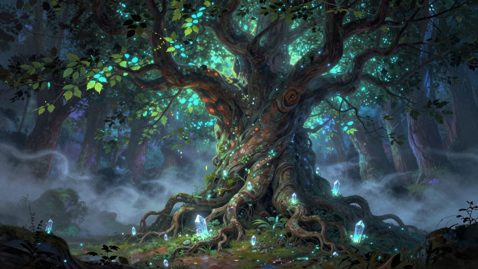 Ancient Bioluminescent Tree with Crystal Roots in Mystical F...
