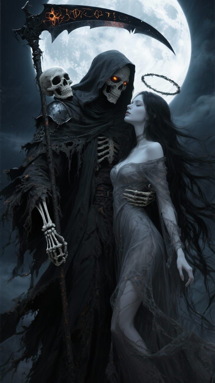 Death and Bride's Embrace Under Moon