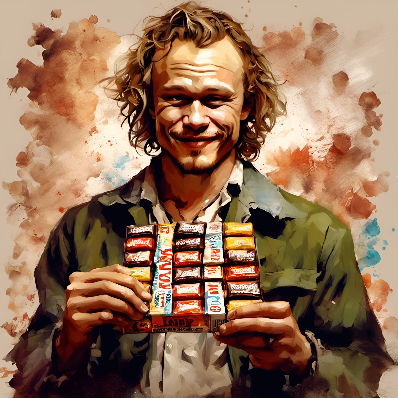 Heath Ledger Portrait Holding Candy Bar, Digital Illustratio...