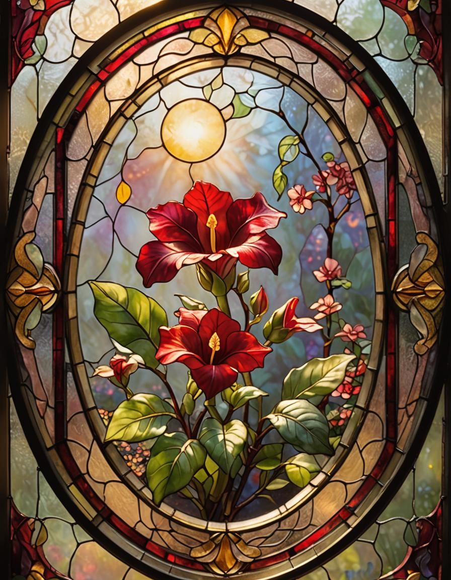Romantic Stained Glass Gloxinia Flower in Oval Frame