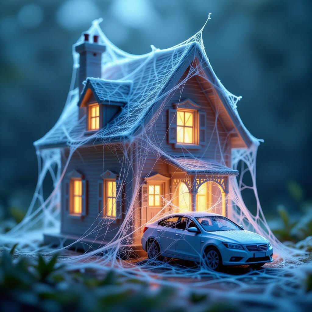 Spider Web House and Car in Ethereal Glow