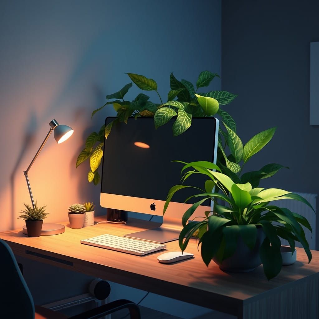 Serene Home Office Sanctuary in Cyberpunk Style