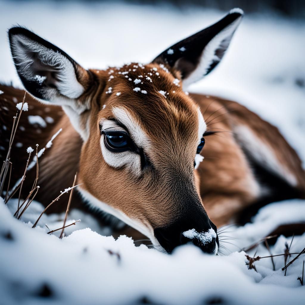 Fawn in Snowy Meadow Portrait