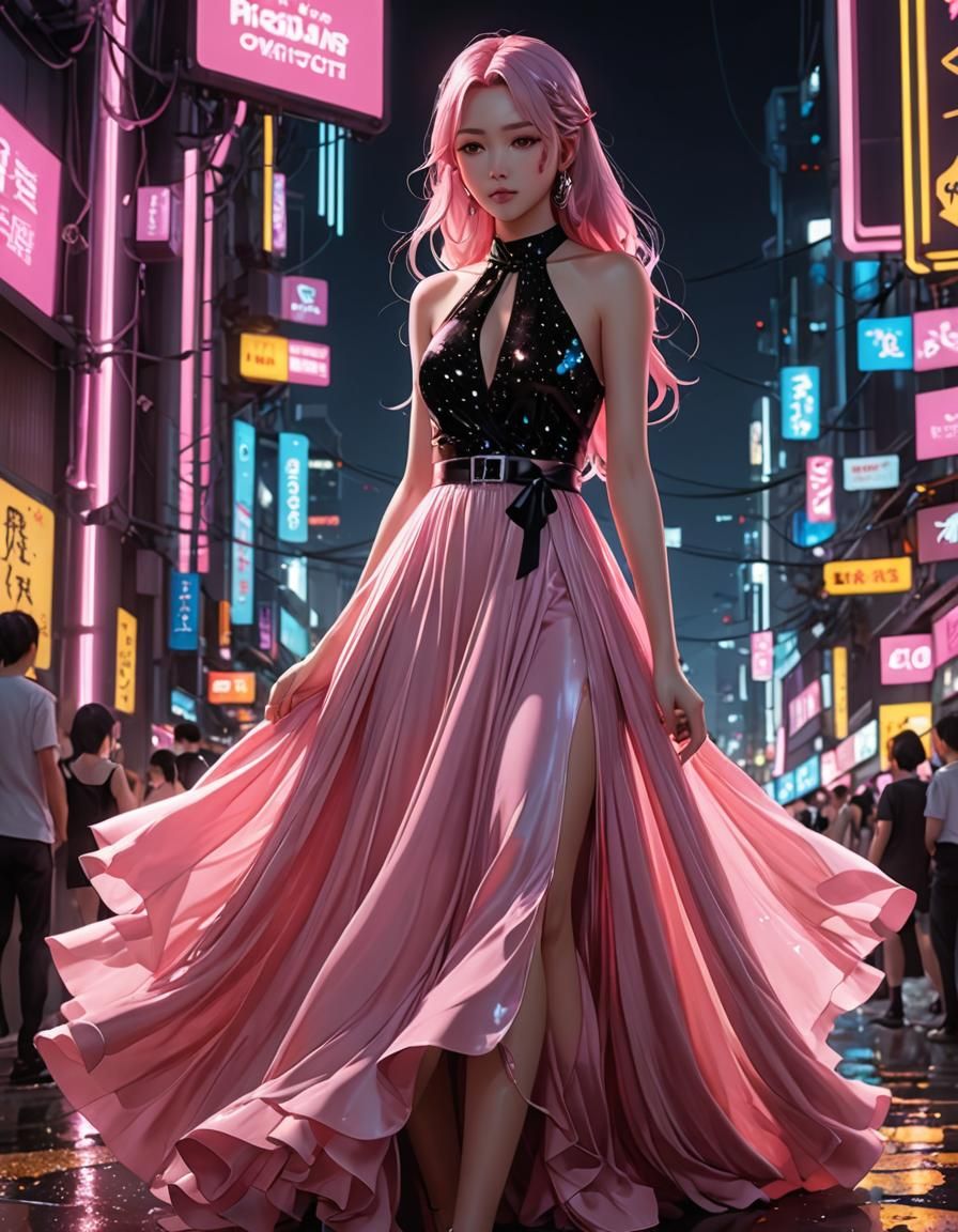 Honey Dress with Neon Lights in Anime Style