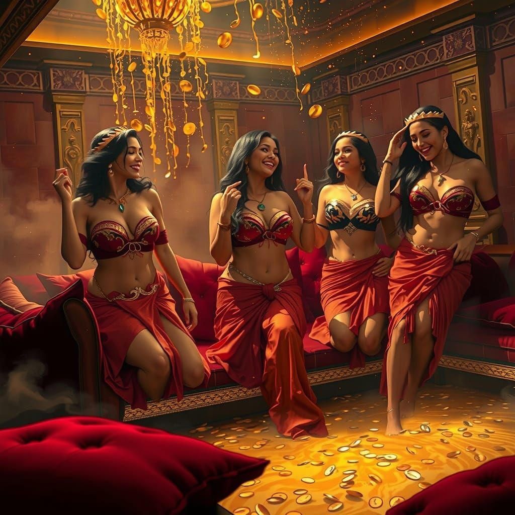Opulent Pleasure House with Eastern Women in Silk and Gold