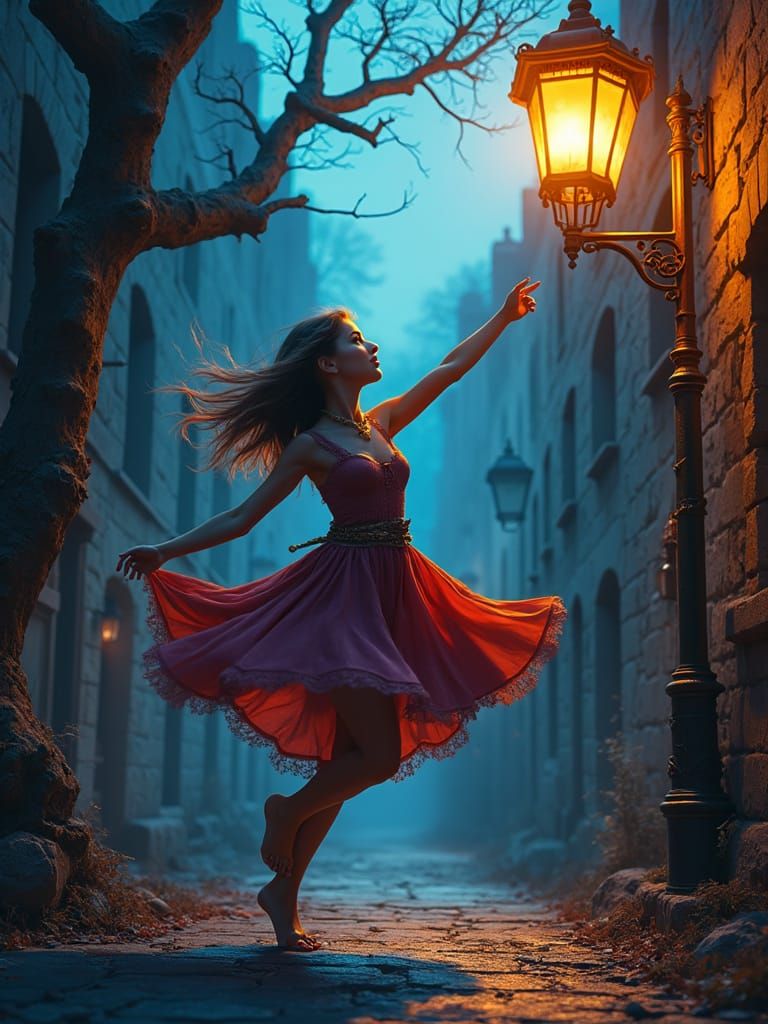 Girl Dancing in Gothic City, Dreamlike Concept Art