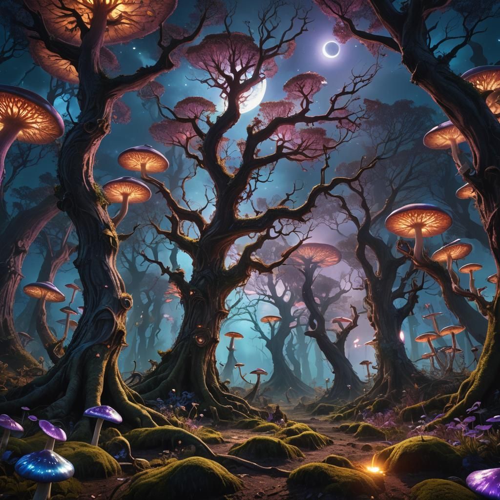 Mystical Forest Darkened by Solar Eclipse