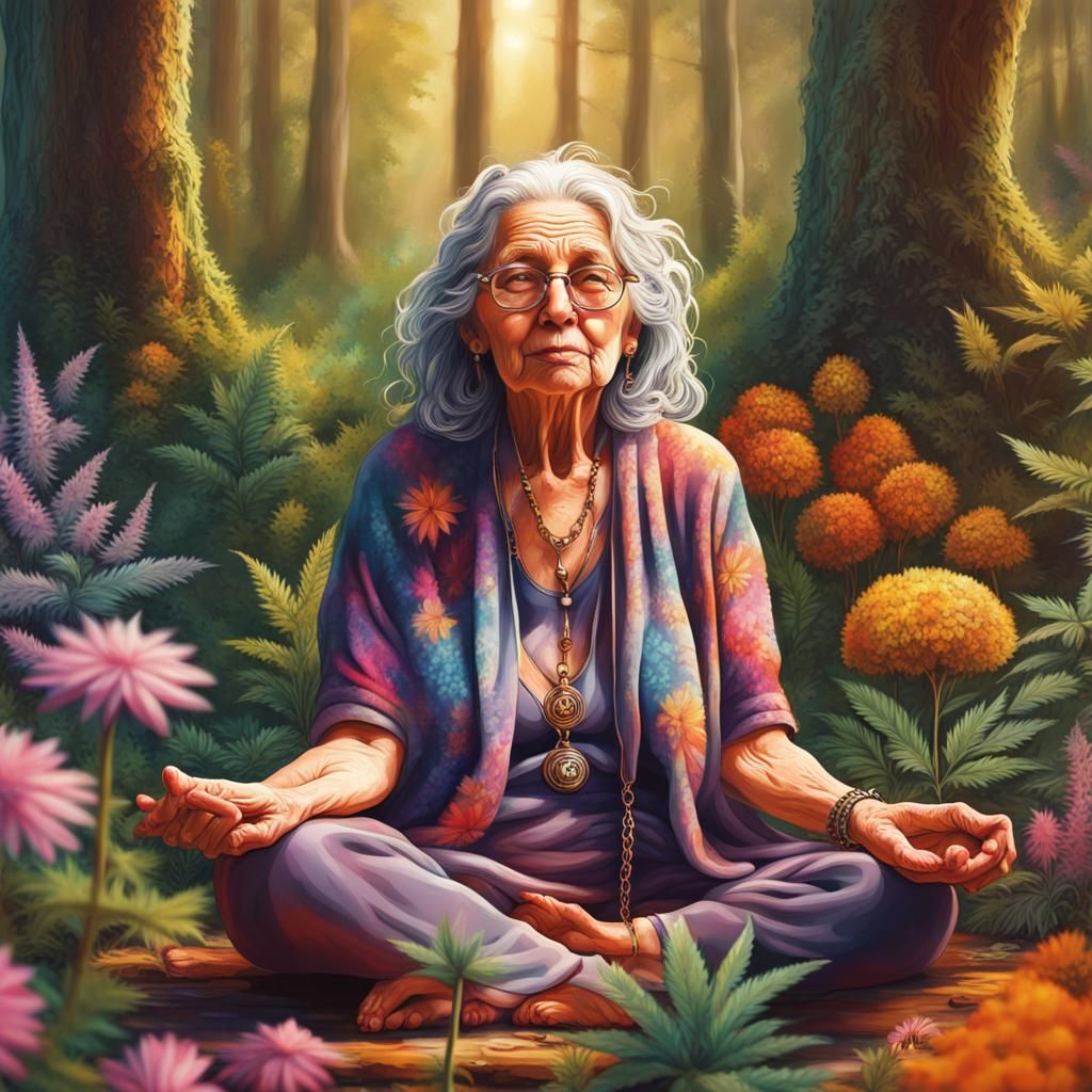 Hyperrealistic Hippy Woman Meditating in Sunny Forest
