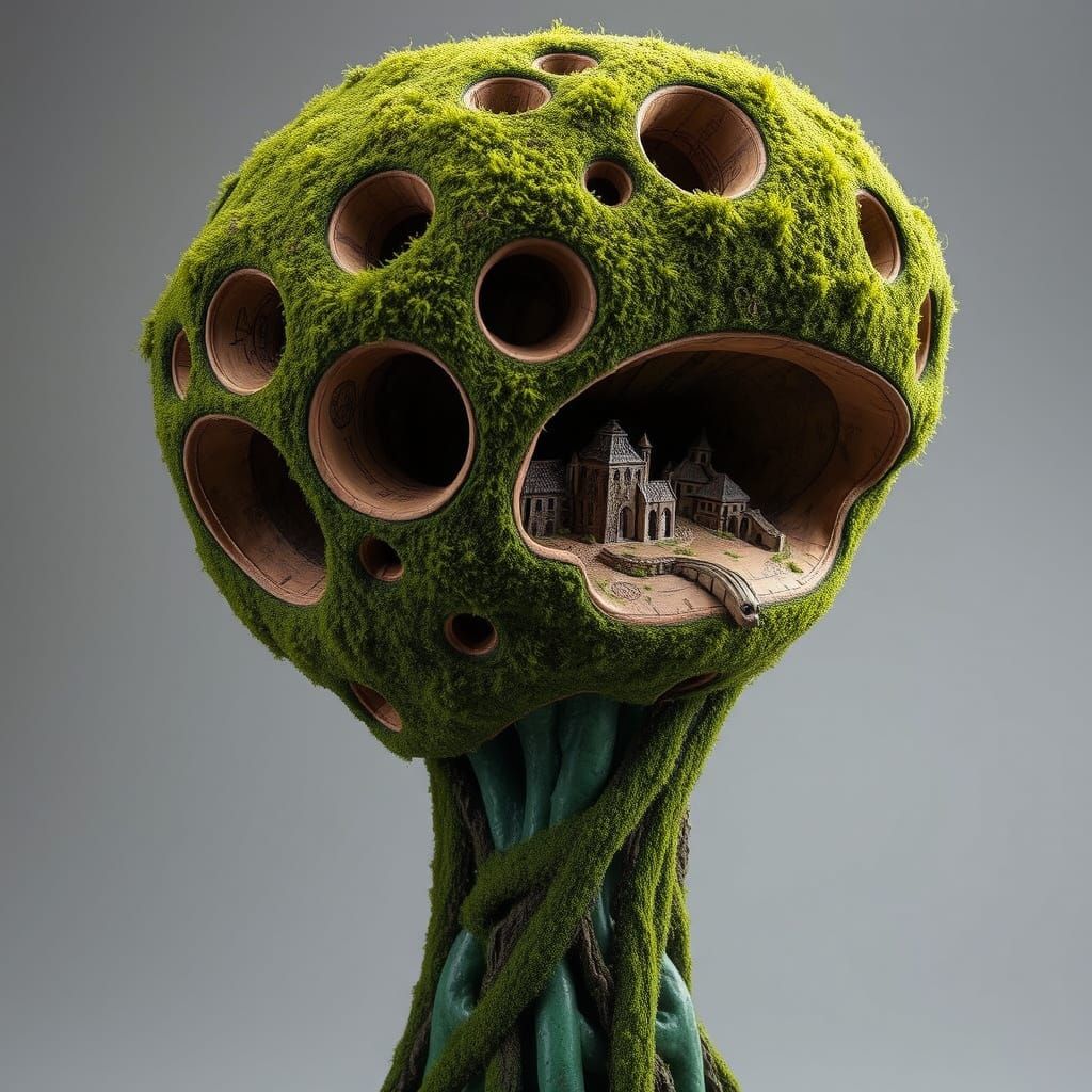 Surreal Moss Head Villages in Quilted Wood