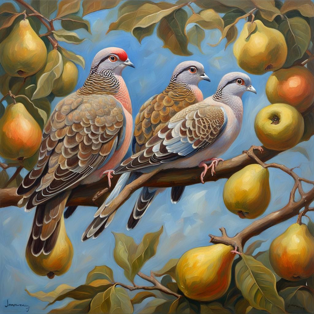Two Turtle Doves and Partridge in Pear Tree