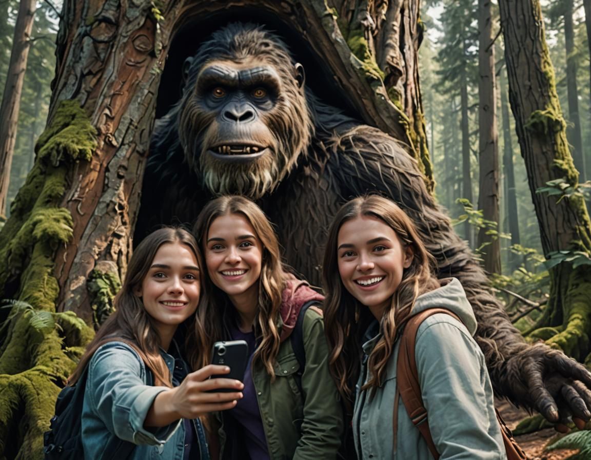 Girls' Selfie Interrupted by Bigfoot: Matte Painting