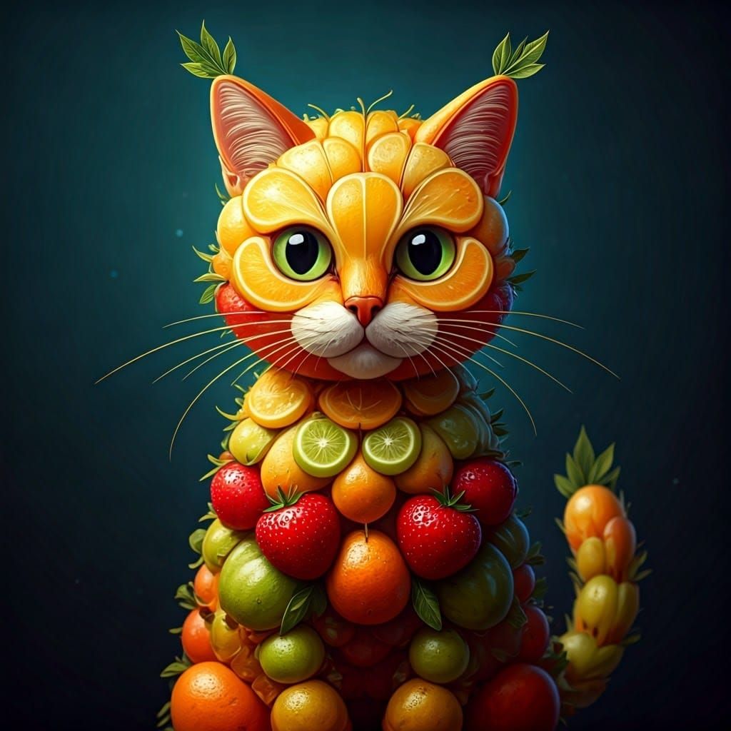 Whimsical Fruit Cat Masterpiece in Dreamlike Realism