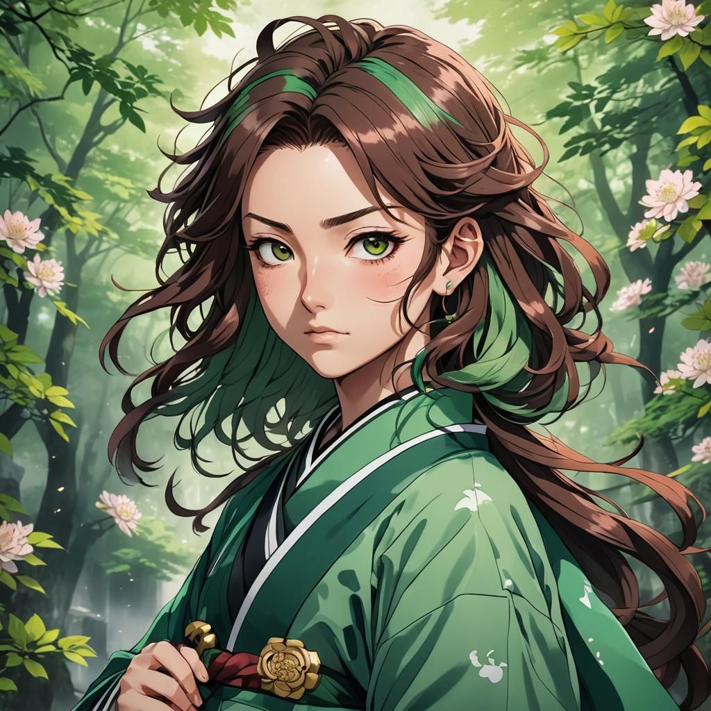 Anime Girl in Demon Slayer Uniform: Cel-Shaded Illustration